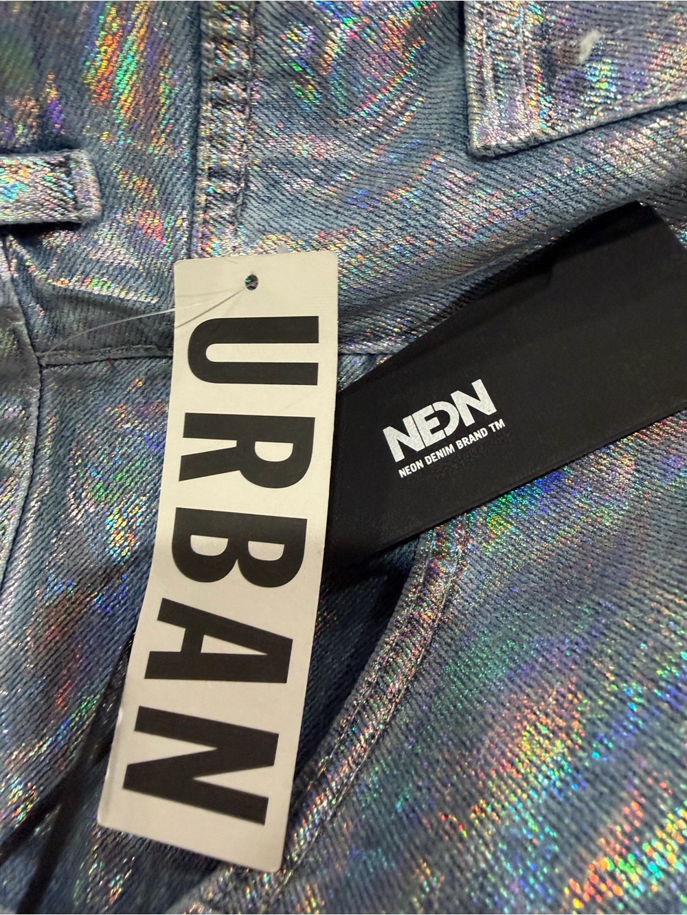 NWT Neon Denim Leroy Coated Wide-Leg Jeans Holographic Silver 28 - Picture 12 of 15